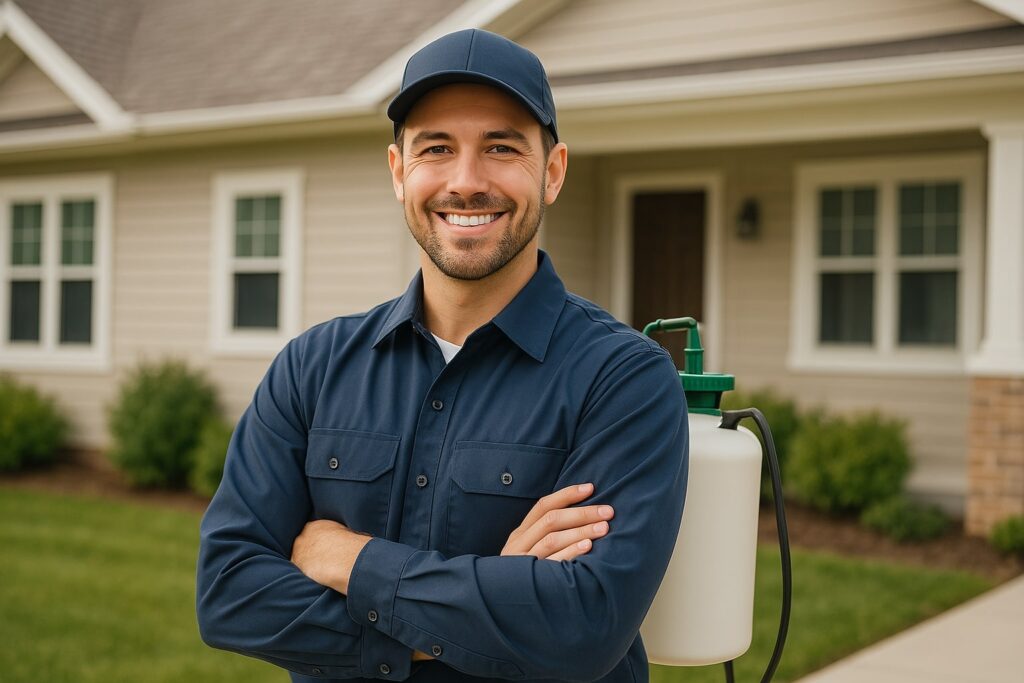 Smiling pest extermination service technician standing outside a suburban home in the USA

