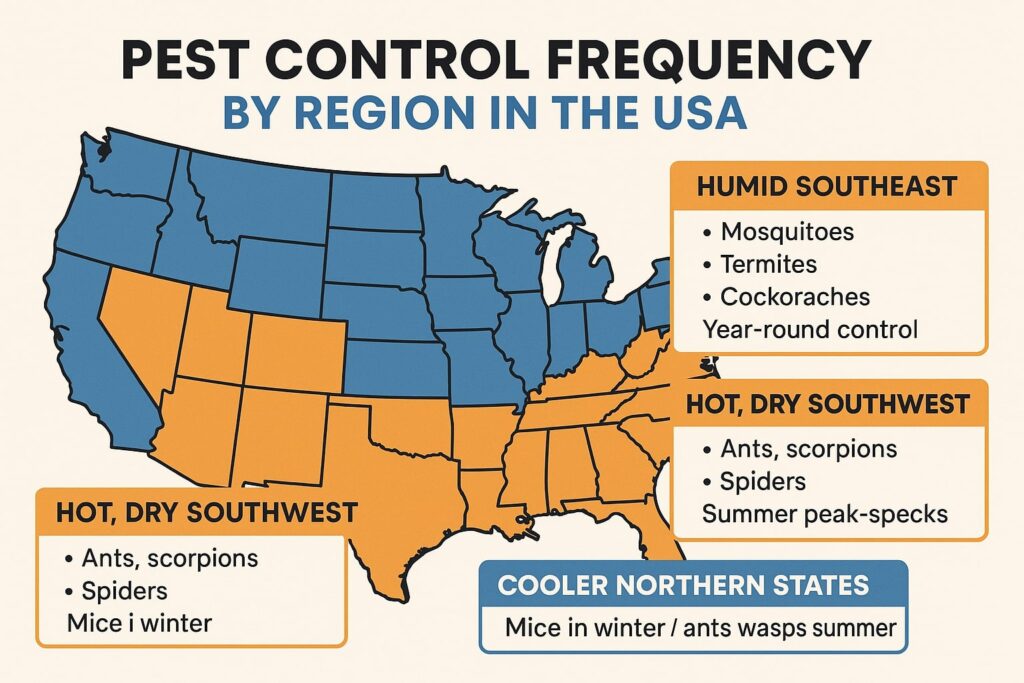 Pest control frequency by region in the USA – humid southeast, hot dry southwest, cooler northern states

